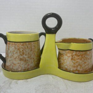 Vintage Mid-Century Mod Yellow & Black Japanese Ceramic Creamer & Sugar Set Tray